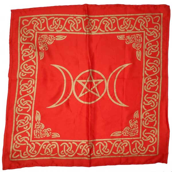 Triple Moon with Pentagram Red Satin Altar Cloth