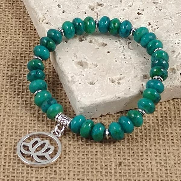 Chrysocolla Bead Bracelet with Lotus Charm