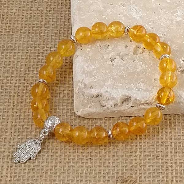 21 Citrine 8mm bead Mala Bracelet with Hamsa Hand charm