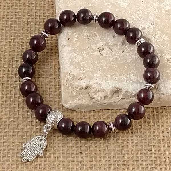 21 Garnet 8mm bead Mala Bracelet with Hamsa Hand charm