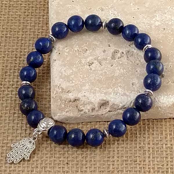 21 Lapis Lazuli 8mm bead Mala Bracelet with Hamsa Hand charm