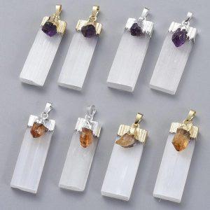 Selenite Slab Pendants with Amethyst or Citrine