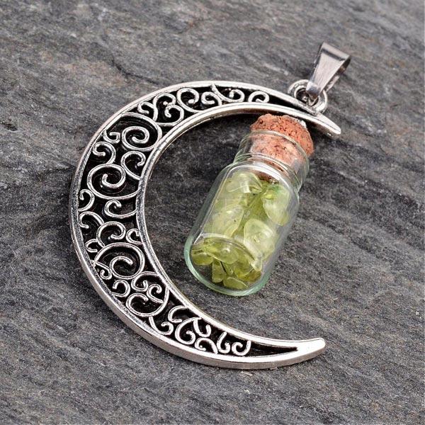 Crescent Moon with Peridot filled gem bottle necklace