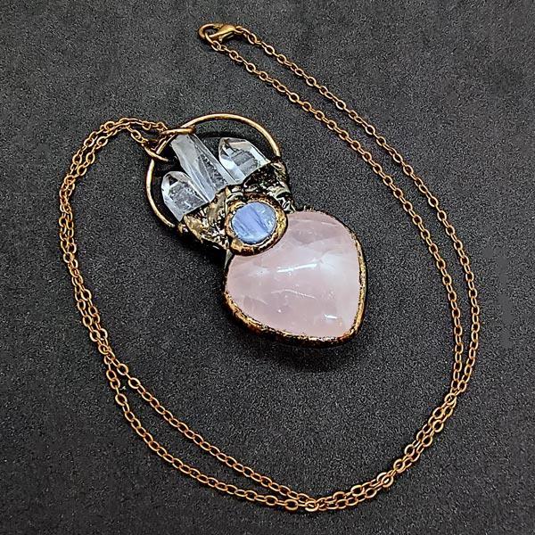 Rose Quartz Heart set in copper with Blue Kyanite and Quartz accents on copper chain