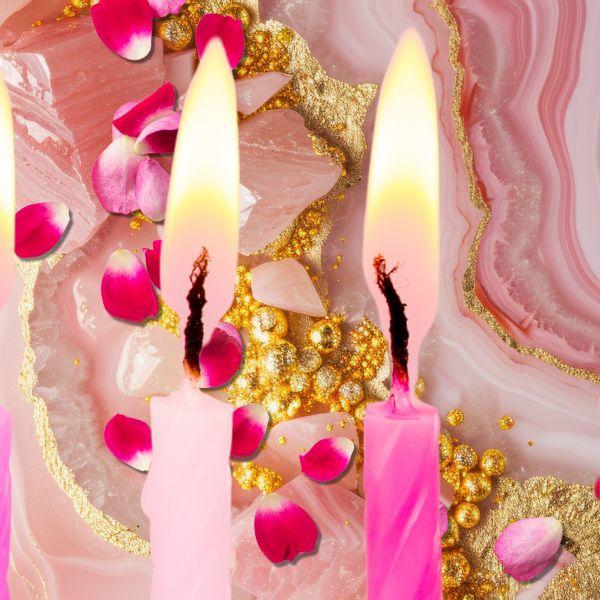 Rose quartz + candles + roses